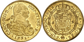 1791. Carlos IV. Popayán. SF. 8 escudos. (AC. 1661) (Cal.Onza 1051) (Restrepo 98-2). Primer año de busto propio. Mínimas impurezas. Muy bella. Brillo ...