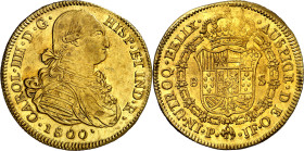 1800. Carlos IV. Popayán. JF. 8 escudos. (AC. 1673) (Cal.Onza 1063) (Restrepo 98-20). Mínimas marquitas. Muy bella. Pleno brillo original. Muy rara as...