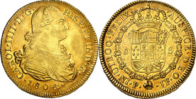 1804. Carlos IV. Popayán. JF. 8 escudos. (AC. 1679) (Cal.Onza 1067) (Restrepo 98-27a). Bella. Brillo original. Rara así. 26,95 g. EBC/EBC+.

1804. C...