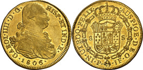 1806 Carlos IV. Popayán. JF. 8 escudos. (AC. 1686) (Cal.Onza 1073) (Restrepo 98-34). Auñación algo empastada. Leves rayitas. Muy bella. Brillo origina...