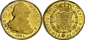 1805. Carlos IV. Santiago. FJ. 8 escudos. (AC. 1775) (Cal.Onza 1178). Bella. Pleno brillo original. 27,05 g. S/C-.

1805. Carlos IV. Santiago. FJ. 8...