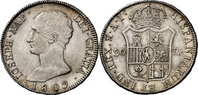 1809. José Napoleón. Madrid. AI. 20 reales. (AC. 36). Águila grande. Bella. Parte de brillo original. 27,05 g. EBC/EBC+.

1809. Joseph-Napoleon. Mad...