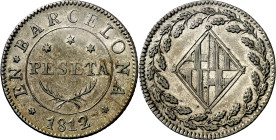 1812. Catalunya Napoleónica. Barcelona. 1 peseta. (AC. 36) (Cru.C.G. 6016c). Muy bella. Parte de brillo original. Rara así. 5,58 g. EBC+.

1812. Nap...