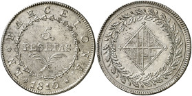 1810. Catalunya Napoleónica. Barcelona. 5 pesetas. (AC. 46) (Cru.C.G. 6014b). Leves impurezas pero bella. Brillo original. Ex Colección Ramon Muntaner...