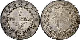 1812. Catalunya Napoleónica. Barcelona. 5 pesetas. (AC. 51) (Cru.C.G. 6014d). Leves rayitas. Muy bella. Rara así. 26,86 g. EBC.

1812. Napoleonic Ca...