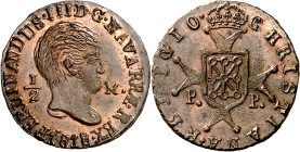 1818. Fernando VII. Pamplona. 1/2 maravedí. (AC. 25). Busto desnudo. Bellísima. Brillo original. Muy rara así. 0,84 g. S/C-.

1818. Fernando VII. Pa...