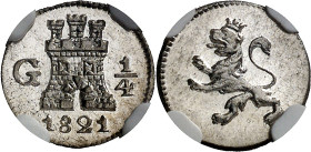 1821. Fernando VII. Guatemala. 1/4 de real. (AC. 258). En cápsula de la NGC como MS66, nº 5766013-020. Bella. Pleno brillo original. Escasa así. S/C....