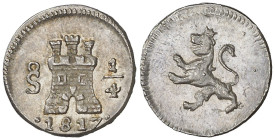 1817. Fernando VII. Santiago. 1/4 de real. (AC. 310). Bella. Brillo original. Ex Áureo & Calicó Selección 2012, nº 252. Rara así. 0,86 g. S/C-.

181...