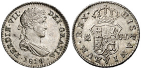 1814. Fernando VII. Madrid. GJ. 1/2 real. (AC. 368). Primer año de busto laureado. Bellísima. Ex Colección de 1/2 real, Áureo 17/12/2002, nº 1687. Ex ...