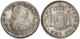 1816. Fernando VII. Santiago. FJ. 1/2 real. (AC. 461). En cápsula de la NGC como MS64, nº 2890817-001. Ex Áureo & Calicó 16/12/2009, nº 789. Colección...