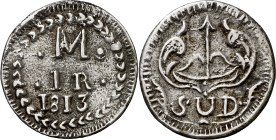 1813. Fernando VII. Morelos. 1 real. (AC. 626). Con adornos. Acuñada en plata fundida. Buen ejemplar. Rara. 4,07 g. MBC+.

1813. Fernando VII. Morel...