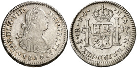 1810. Fernando VII. Santiago. FJ. 1 real. (AC. 667). El 8 de la fecha acuñado dos veces. La mejor conocida. En cápsula de la NGC como AU Details Clean...