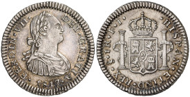 1817. Fernando VII. Santiago. FJ. 1 real. (AC. 679). En cápsula de la NGC como MS63, nº 2900625-001. Brillo original. El segundo ejemplar mejor certif...