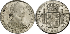 1810. Fernando VII. Lima. JP. 8 reales. (AC. 1241). Busto indígena. Hojitas y leves golpes, pero extraordinario ejemplar. Brillo original. Rara así. E...