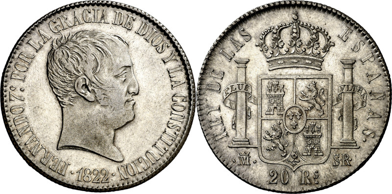 1822. Fernando VII. Madrid. SR. 20 reales. (AC. 1282). Tipo "cabezón". Rara y má...