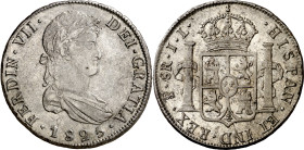 1825. Fernando VII. Potosí. JL. 8 reales. (AC. 1394). Acuñación republicana. Bella pátina. Parte de brillo original. 27,14 g. EBC-/EBC.

1825. Ferna...