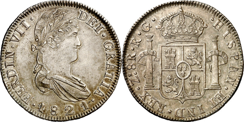 1821. Fernando VII. Zacatecas. RG. 8 reales. (AC. 1465). Atractiva. Parte de bri...