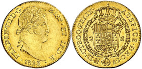 1823. Fernando VII. Madrid. AJ. 2 escudos. (AC. 1629). Leves rayitas. Parte de brillo original. Ex Áureo & Calicó Selección 2019, nº 411. Escasa y más...