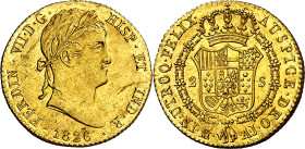 1826. Fernando VII. Madrid. AJ. 2 escudos. (AC. 1632). Leves rayitas. Brillo original. Rara así. 6,78 g. EBC+.

1826. Fernando VII. Madrid. AJ. 2 es...