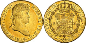 1814. Fernando VII. Catalunya (Barcelona). SF. 8 escudos. (AC. 1744) (Cal.Onza 1200). Punto delante del ensayador. Muy bella. Moneda exenta del pago d...