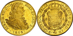 1809. Fernando VII. México. HJ. 8 escudos. (AC. 1782) (Cal.Onza 1253). Busto imaginario. Punto entre ET e IND. Leves rayitas. Atractiva. Parte de bril...