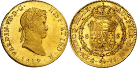 1817. Fernando VII. México. JJ. 8 escudos. (AC. 1795) (Cal.Onza 1267). Acuñación algo floja. Mínimas rayitas y golpecito en canto. Bella. Brillo origi...