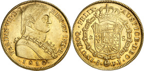 1810. Fernando VII. Santiago. FJ. 8 escudos. (AC. 1863) (Cal.Onza 1346). Busto almirante. Leves marquitas. Precioso color. Bella. Brillo original. Ex ...