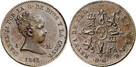 1842. Isabel II. Madrid. DG (Departamento de Grabado). 1 maravedí. (AC. 34). Bella. Rara. 1,40 g. EBC+.

1842. Isabel II. Madrid. DG (Departamento o...