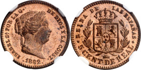 1862. Isabel II. Segovia. 5 céntimos de real. (AC. 167). En cápsula de la NGC como MS65RB, nº 6287070-004. Muy bella. S/C.

1862. Isabel II. Segovia...