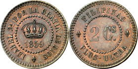 1859. Isabel II. Manila. 2 centavos. (AC. 263) (Basso 74) (KM. Pn13). Prueba no adoptada. Bella. Rara. 9 g. S/C-.

1859. Isabel II. Manila. 2 cents....