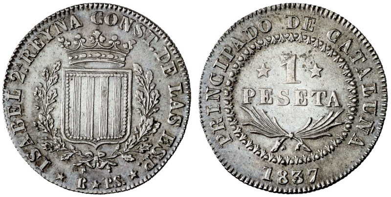 1837. Isabel II. Barcelona. PS. 1 peseta. (AC. 272). Bellísima. Brillo original....