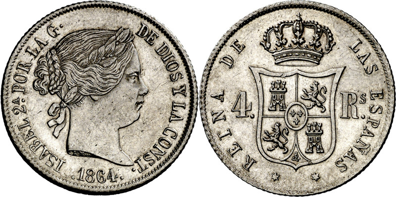 1864. Isabel II. Madrid. 4 reales. (AC. 469). Muy bella. Escasa así. 5,16 g. S/C...