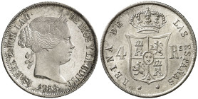 1858. Isabel II. Sevilla. 4 reales. (AC. 491). Muy bella. Brillo original. Ex Colección Isabel de Trastámara 29/10/2015, nº 1151. Rara y más así. 5,23...