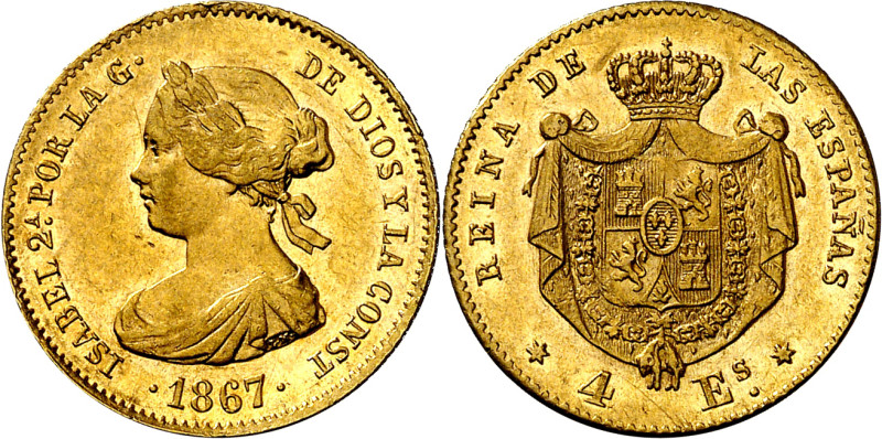 1867. Isabel II. Madrid. 4 escudos. (AC. 691). Golpecito. 3,35 g. EBC/EBC+.

1...