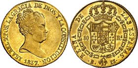 1837. Isabel II. Barcelona. PS. 80 reales. (AC. 700). Bella. Brillo original. Rara así. 6,79 g. EBC/EBC+.

1837. Isabel II. Barcelona. PS. 80 reales...