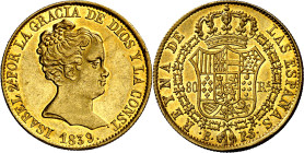 1839. Isabel II. Barcelona. PS. 80 reales. (AC. 704). Bella. Brillo original. Rara así. 6,74 g. EBC+.

1839. Isabel II. Barcelona. PS. 80 reales. (A...