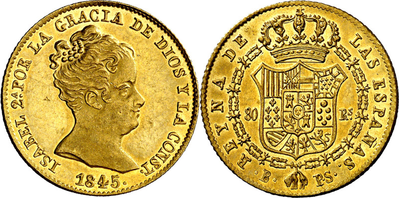 1845. Isabel II. Barcelona. PS. 80 reales. (AC. 713). Brillo original. Bellísima...