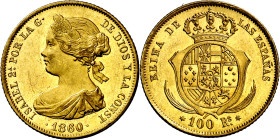 1860. Isabel II. Madrid. 100 reales. (AC. 787). Muy bella. Brillo original. Acuñación Proof. Rara así. 8,38 g. S/C-.

1860. Isabel II. Madrid. 100 r...