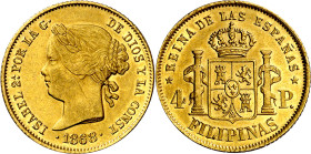 1868. Isabel II. Manila. 4 pesos. (AC. 865). Bella. Brillo original. Escasa así. 6,82 g. EBC/EBC+.

1868. Isabel II. Manila. 4 pesos. (AC. 865). Nic...
