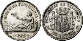 1869. Gobierno Provisional. SNM. 1 peseta. (AC. 16). GOBIERNO PROVISIONAL. Bella. Brillo original. Escasa así. 5 g. EBC.

1869. Provisional Governme...