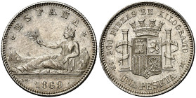 1869*1869. Gobierno Provisional. SNM. 1 peseta. (AC. 17). ESPAÑA. Bellísima. Pleno brillo original. Ex Colección Laureano Figuerola 02/04/2008, nº 14....