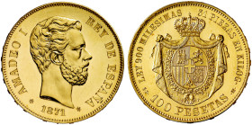 * 1871*1871. Amadeo I. SDM. 100 pesetas. (AC. 12). Oro rojizo. Bellísima. Acuñación proof, con campo espejo y relieves mate. Ex Colección Hispania 28/...