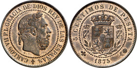 1875. Carlos VII, Pretendiente. Oñate. 5 céntimos. (AC. 3). Reverso girado. Muy bella. Brillo original. Rara así. 4,92 g. S/C-.

1875. Charles VII, ...