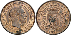 1875. Carlos VII, Pretendiente. Oñate. 10 céntimos. (AC. 5). Precioso color. Escasa así. 9,93 g. EBC+.

1875. Charles VII, Pretender. Oñate. 10 cent...
