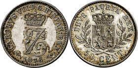 1876. Carlos VII, Pretendiente. Bruselas. OT. 50 céntimos. (AC. 9). Bella. Rara. 2,52 g. S/C-.

1876. Charles VII, Pretender. Brussels. OT. 50 cents...