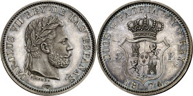 1874. Carlos VII, Pretendiente. Bruselas. 5 pesetas. (AC. 13). Canto liso. Escudete de Catalunya en anverso. Pátina. Bella. Mínimo golpecito. Acuñació...