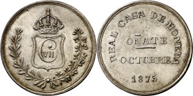 1875. Carlos VII, Pretendiente. Oñate. 5 pesetas. (AC. 21). Muy bella. Acuñada en plata. Ex Áureo 17/10/2001, nº 2219. Rarísima y más así. 24,84 g. S/...