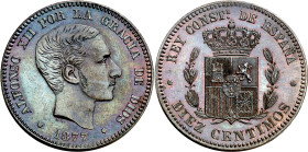 1877. Alfonso XII. Barcelona. 10 céntimos. (AC. 7). Sin OM. Prueba adoptada. Muy bella. Ex Colección Elariz. Rarísima. 10,19 g. S/C.

1877. Alfonso ...