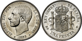 1885*1885. Alfonso XII. MSM. 1 peseta. (AC. 24). Parte del anverso calcado en reverso y viceversa. Muy bella. Rara así. 5,06 g. S/C-.

1885*1885. Al...