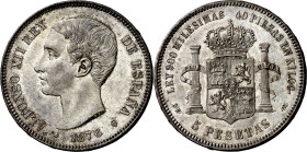 1876*1876. Alfonso XII. DEM. 5 pesetas. (AC. 37). Bella. Parte de brillo original. Escasa así. 25,26 g. EBC+.

1876*1876. Alfonso XII. DEM. 5 peseta...